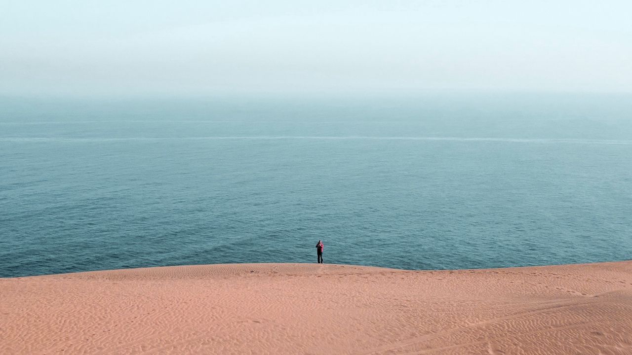 Wallpaper beach, ocean, silhouette, sand, haze, horizon