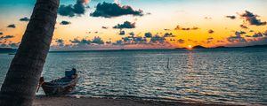 Preview wallpaper beach, palm tree, sea, boat, sunset