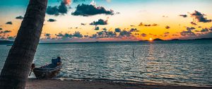 Preview wallpaper beach, palm tree, sea, boat, sunset