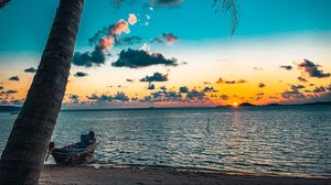 Preview wallpaper beach, palm tree, sea, boat, sunset