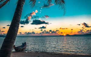 Preview wallpaper beach, palm tree, sea, boat, sunset