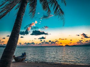 Preview wallpaper beach, palm tree, sea, boat, sunset