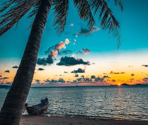 Preview wallpaper beach, palm tree, sea, boat, sunset