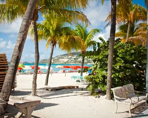 Preview wallpaper beach, palm trees, sand, summer