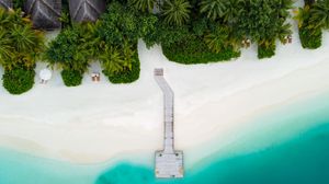 Preview wallpaper beach, pier, aerial view, palm trees, tropics