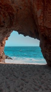 Preview wallpaper beach, rock, cave, sea, sand, water