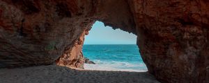 Preview wallpaper beach, rock, cave, sea, sand, water