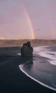 Preview wallpaper beach, rocks, rainbow, waves, sea