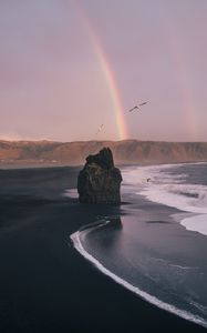 Preview wallpaper beach, rocks, rainbow, waves, sea