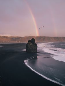 Preview wallpaper beach, rocks, rainbow, waves, sea