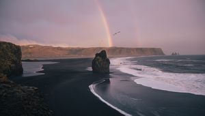 Preview wallpaper beach, rocks, rainbow, waves, sea