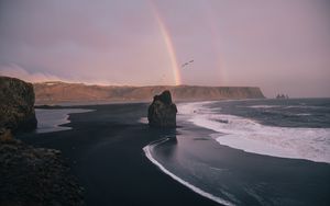 Preview wallpaper beach, rocks, rainbow, waves, sea