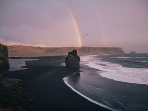 Preview wallpaper beach, rocks, rainbow, waves, sea