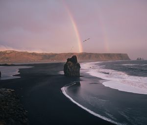 Preview wallpaper beach, rocks, rainbow, waves, sea