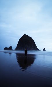 Preview wallpaper beach, rocks, sea, man, loneliness