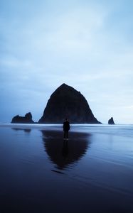 Preview wallpaper beach, rocks, sea, man, loneliness