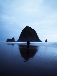 Preview wallpaper beach, rocks, sea, man, loneliness