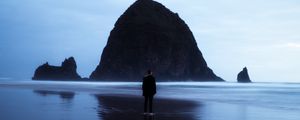 Preview wallpaper beach, rocks, sea, man, loneliness