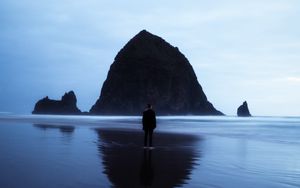 Preview wallpaper beach, rocks, sea, man, loneliness