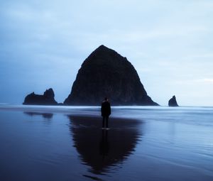 Preview wallpaper beach, rocks, sea, man, loneliness