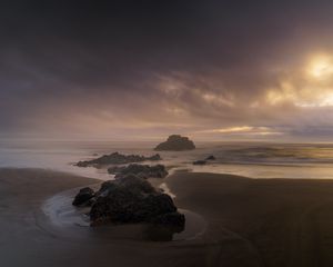 Preview wallpaper beach, rocks, sea, landscape, twilight