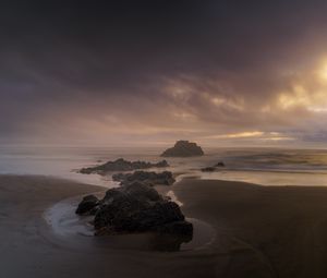 Preview wallpaper beach, rocks, sea, landscape, twilight