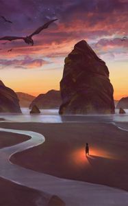 Preview wallpaper beach, rocks, silhouette, dragons, art, fantasy