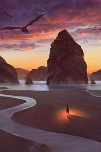 Preview wallpaper beach, rocks, silhouette, dragons, art, fantasy