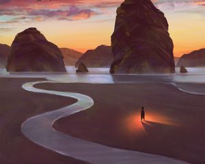 Preview wallpaper beach, rocks, silhouette, dragons, art, fantasy