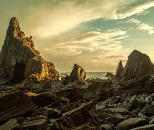 Preview wallpaper beach, rocks, stones, coast, sky