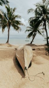 Preview wallpaper beach, sand, boat, palm trees, sea