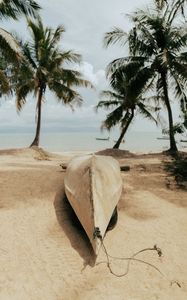 Preview wallpaper beach, sand, boat, palm trees, sea