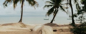 Preview wallpaper beach, sand, boat, palm trees, sea