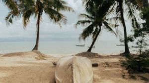 Preview wallpaper beach, sand, boat, palm trees, sea