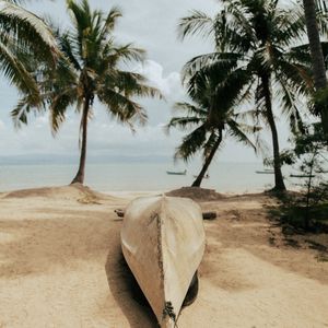 Preview wallpaper beach, sand, boat, palm trees, sea