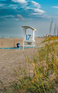 Preview wallpaper beach, sand, booth, grass, sea