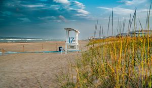 Preview wallpaper beach, sand, booth, grass, sea