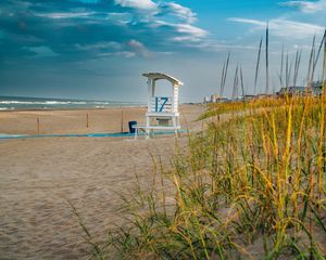 Preview wallpaper beach, sand, booth, grass, sea