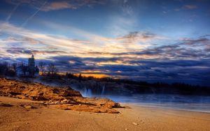 Preview wallpaper beach, sand, lighting, house, sea, sky, evening