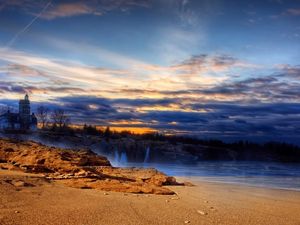 Preview wallpaper beach, sand, lighting, house, sea, sky, evening