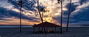 Preview wallpaper beach, sand, palm trees, tropics, sky, clouds