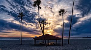 Preview wallpaper beach, sand, palm trees, tropics, sky, clouds