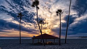 Preview wallpaper beach, sand, palm trees, tropics, sky, clouds