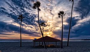 Preview wallpaper beach, sand, palm trees, tropics, sky, clouds