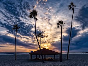 Preview wallpaper beach, sand, palm trees, tropics, sky, clouds