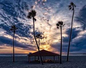 Preview wallpaper beach, sand, palm trees, tropics, sky, clouds