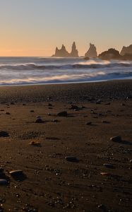 Preview wallpaper beach, sand, pebbles, sea, waves, rocks