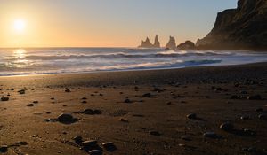 Preview wallpaper beach, sand, pebbles, sea, waves, rocks