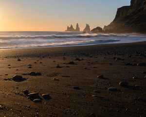 Preview wallpaper beach, sand, pebbles, sea, waves, rocks