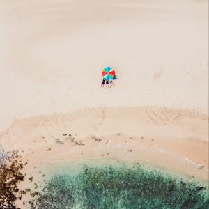 Preview wallpaper beach, sand, sea, umbrella, aerial view